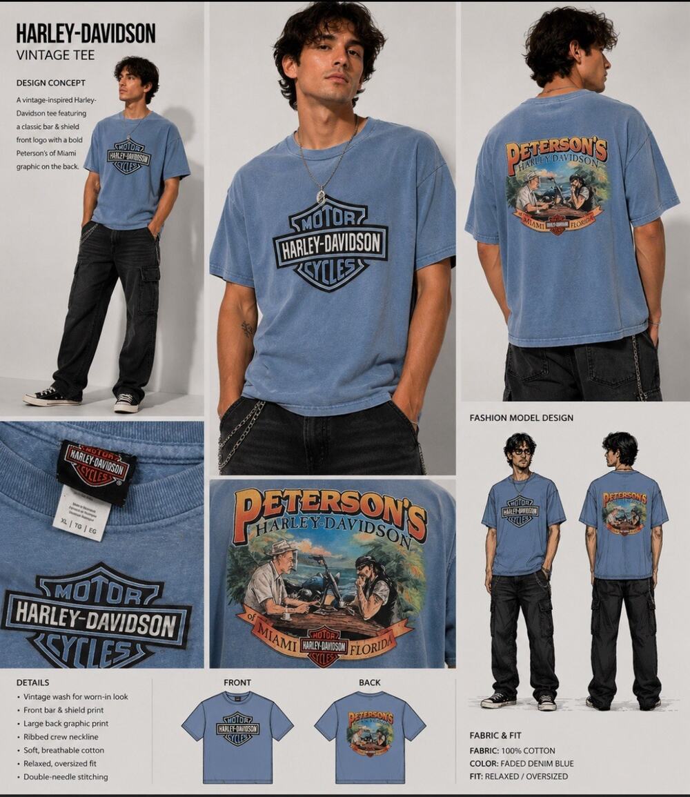 Harley Davidson Peterson’s Miami Florida T-Shirt XL Blue Graphic Biker Tee USA